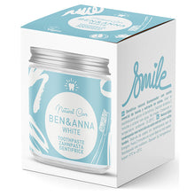 Ben and Anna Natural Toothpaste White. a jar with spatula in a box 