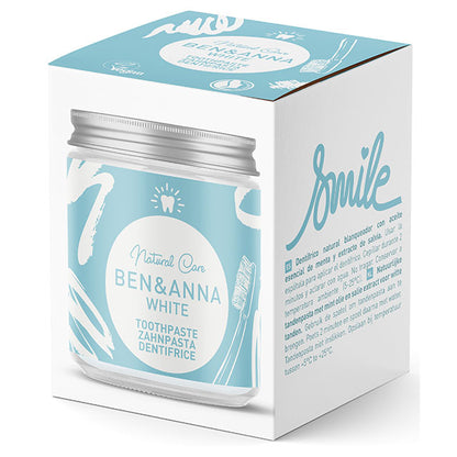 Ben and Anna Natural Toothpaste White. a jar with spatula in a box 