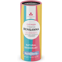 Ben and Anna Coco Mania Natural Deodorant in a pale blue, yellow and pink cardboard tube 
