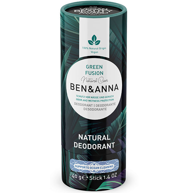 Ben and Ana Green Fusion Natural Soda Deodorant in dark green cardboard tube 