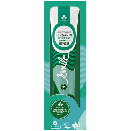 Ben and Anna Spearmint Toothpaste  in a variety of green tube in a box