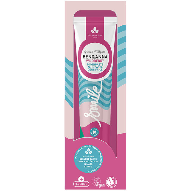 Ben and Wild Berry Toothpaste is in a light pink, dark pink  and white tube  in a light and dark pink box 