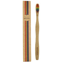 Ben and Anna Bamboo Toothbrush with Ben and Ben written on the handle with a rainbow coloured nylon bristle head in a box 