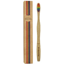 Ben and Anna Bamboo Toothbrush with Ben and Anna written on the handle and a rainbow coloured bristle head in a cardboard box 