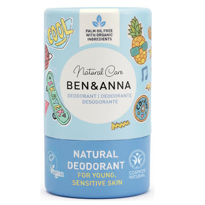 Ben & Anna Kids Natural Deodorant in a blue cardboard tube  on a white background