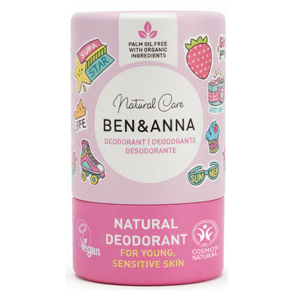 Ben & Anna  Kids Natural Deodorant in a pink cardboard tube on a white background