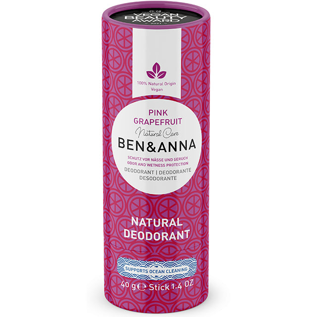 ben and Anna Natural Deodorant Pink Grapefruit in a pink cardboard tube 