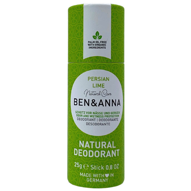 Ben and Anna Persian Lime Natural Deodorant small travel size 25g in a green cardboard tube 