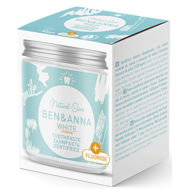 Ben and Anna Natural Toothpaste With Fluoride. Whitening Toothpaste jar  in a box 