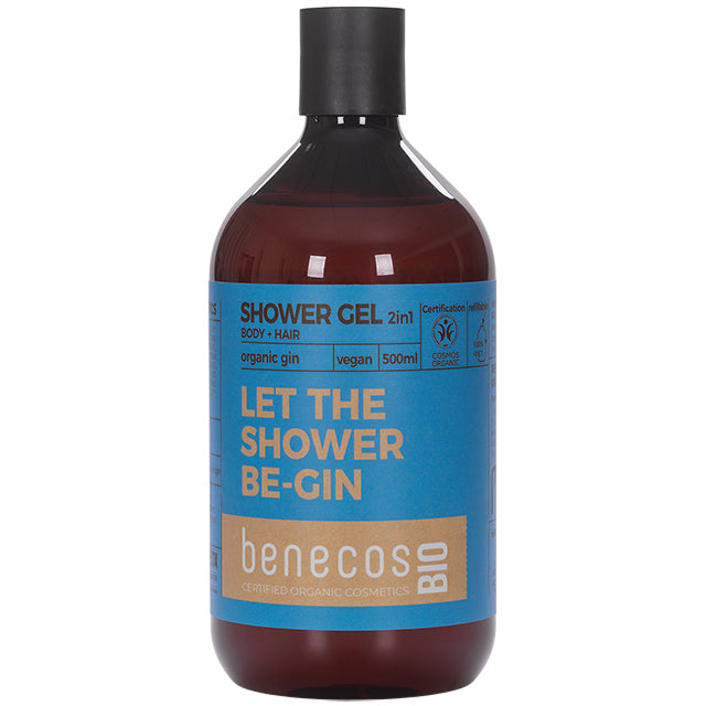 Benecos Bio 2 in 1 Shower Gel Let The Shower Be-Gin for body and hair  with organic gin.  The body and hair gel comes in a brown plastic bottle