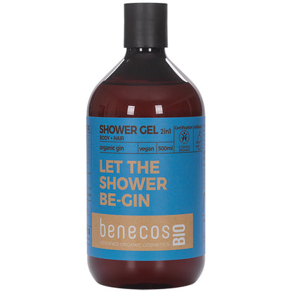 Benecos Bio 2 in 1 Shower Gel Let The Shower Be-Gin for body and hair  with organic gin.  The body and hair gel comes in a brown plastic bottle