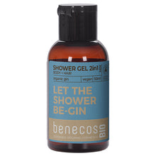 Benecos Bio Shower Gel 2 in 1 For Body and Hair Mini  with organic gin - Let the nshower be-gin in a mini nbrown plastic bottle 