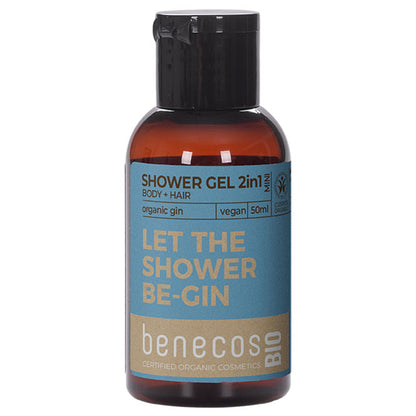 Benecos Bio Shower Gel 2 in 1 For Body and Hair Mini  with organic gin - Let the nshower be-gin in a mini nbrown plastic bottle 