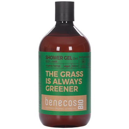 Benecos Bio 2 in 1 Shower Gel The grass is always greener, For hair and Body with organic hemp.  The body wash is in a brown plastic bottle 