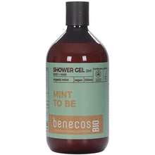 benecos Bio 2 in 1 Shower Gel for body and hair with organic mint. The body wash is in a brown plastic bottle 