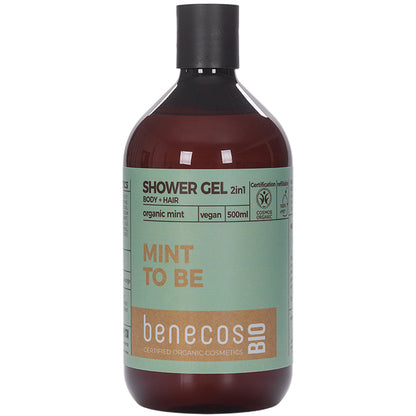 benecos Bio 2 in 1 Shower Gel for body and hair with organic mint. The body wash is in a brown plastic bottle 