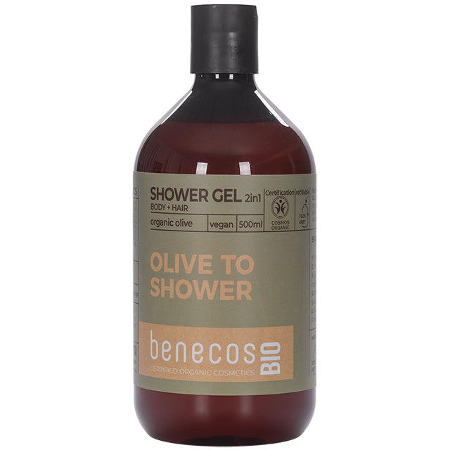 Benecos Bio 2 in 1 Sower Gel Olive to Shower For Body And Hair with organic olive. The body and hair wash is in a brown plastic bottle
