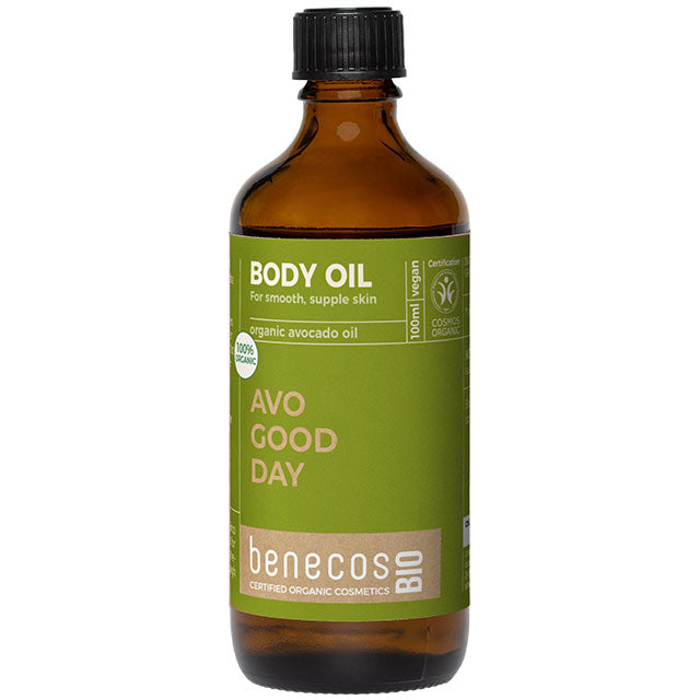 Benecos Bio Body Oil with Organic Avocado Oil in a brown glass bottle with a green label and a screw top lid.