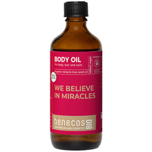 Benecos Bio Body Oil with organic Miracle Tree Seed Oil in a brown glass bottle with a red label and a screw top lid. 