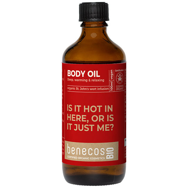 Benecos Bio Body Oil with organic St. Johns Wort infused in a glass bottle with a screw top lid 