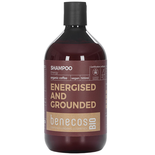 Benecos Bio Energy Shampoo with organic coffee in a brown bottle with a push down lid. 