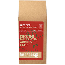 Benecos BioDeck The Halls With Apple and Hemp Gift Set with Shower Gel and Body Lotion in a brown gift bag with a drawing of christmas stocking, stars and moon 