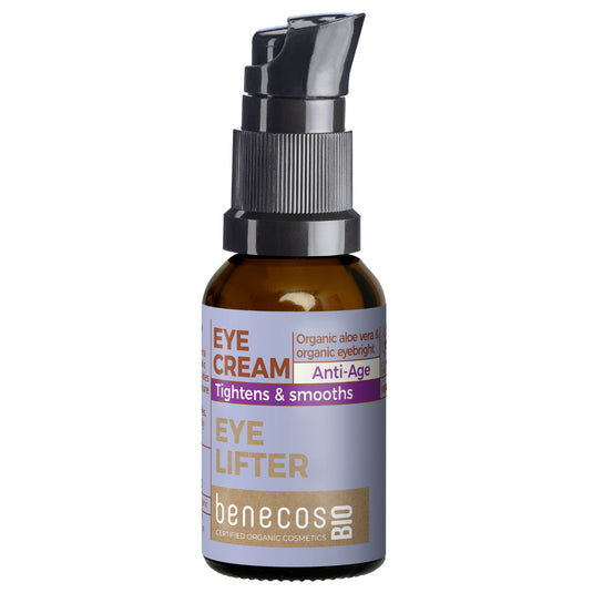 Benecos Bio Eye Cream is in a brown pump bottle on a white background