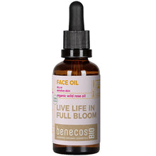 Benecos Bio Face Oil  with Organic Wild Rose Oil for dry or sensitive skin. Brown Glass Bottle with a dropper top. 