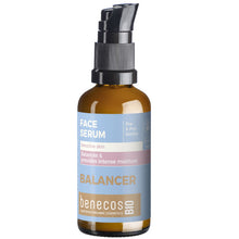 Benecos Bio Face Serum Balances is in a brown pump glass bottle with a pale blue label on a white background