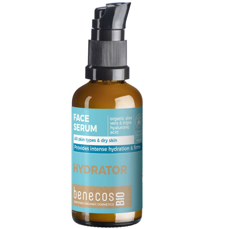 Benecos Bio Face Serum Hydrator is in a pump brown bottle with a blue label on a white background 