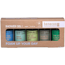 Benecos Bio Shower Gel Mini Foam Up Your Day Set in a brown box with a front cut out showing some of the shower gels 