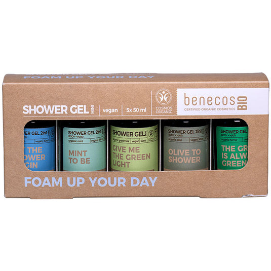 Benecos Bio Shower Gel Mini Foam Up Your Day Set in a brown box with a front cut out showing some of the shower gels 