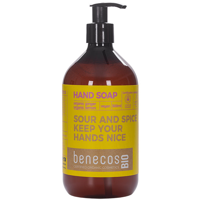 Benecos Bio Liquid Hand Soap with Organic Ginger and Organic Lemon in a brown pump bottle