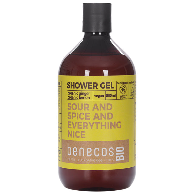 Benecos Shower Gel Sour and Spice and Everything Nice with Organic Ginger and Organicn Lemon in a brown plastic bottle