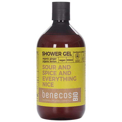 Benecos Shower Gel Sour and Spice and Everything Nice with Organic Ginger and Organicn Lemon in a brown plastic bottle