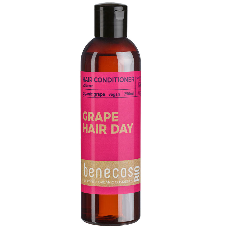 Benecos Bio Grape Volume Hair Conditioner is in a brown bottle with a flip top lid on a white background