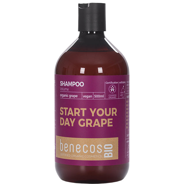Benecos Bio Grape Volume Shampoo in a dark brown bottle with a press top cap 