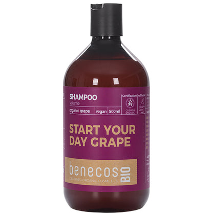 Benecos Bio Grape Volume Shampoo in a dark brown bottle with a press top cap 