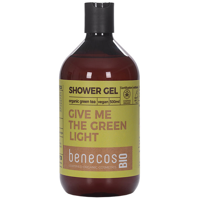 Benecos Bio Shower Gel Give Me The Green Light with Organic Green Tea.  The body wash is in a plastic brown bottle 