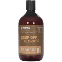 Benecos Bio Organic Hemp Shampoo for ormal Hair is in a brown bottle with a black push down cap. 