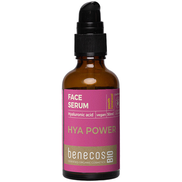 Benecos Bio Face Serum with Hyaluronic Acid. Brown Bottle with pump lid.