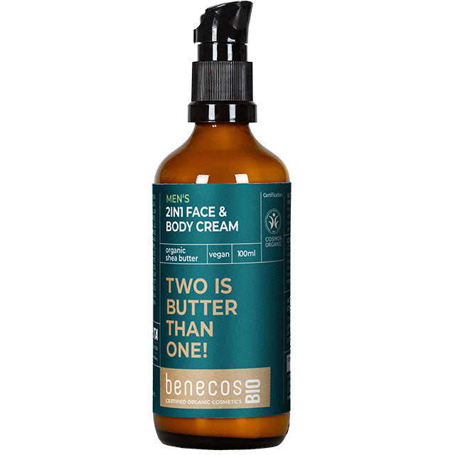 Benecos Bio men's 2 in 1 Face and Body Cream. Brown Glass Bottle with pump 