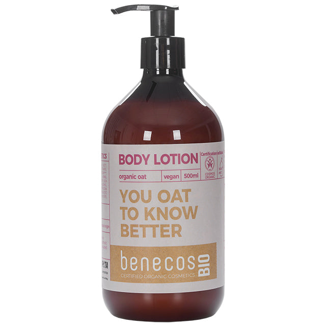 Benecos Bio Body Lotion with Organic Oat in a brown plastic bottle with a pump lid 