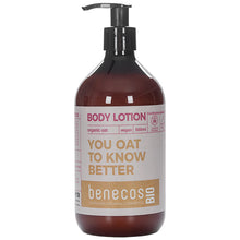 Benecos Bio Body Lotion with Organic Oat in a brown plastic bottle with a pump lid 