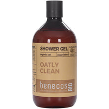 Benecos Bio Shower Gel IOatly Clean with organic oats. The body wash is in a brown plastic bottle 