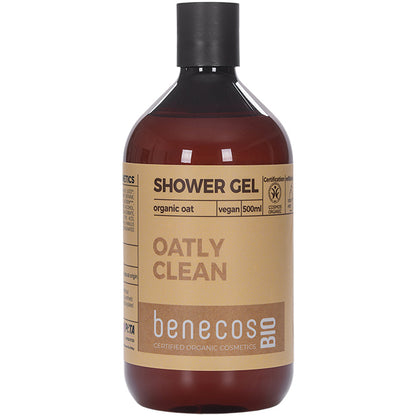 Benecos Bio Shower Gel IOatly Clean with organic oats. The body wash is in a brown plastic bottle 