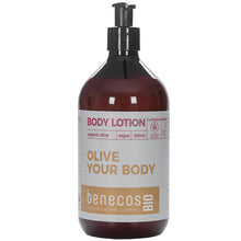 Benecos Body Lotion with Organic live in a rown plastic bottle with a pump lid.
