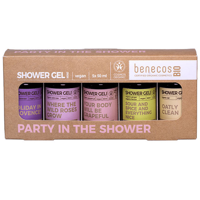 Benecos Bio Shower Gel Mini  Party in the shower Set. Includes 5 mini shower gels in a front cut out brown box.