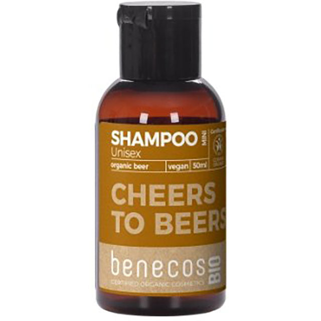 Benecos Bio Organic Beer Shampoo mini in a brown bottle with a flip top lid 