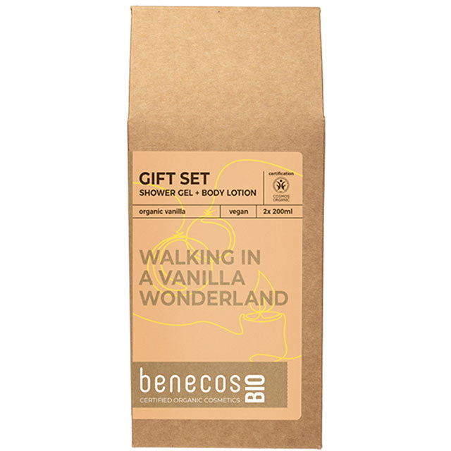 Benecos Bio Walking In A Vanilla Wonderland Gift Set includes Shower Gel and Body Lotion in a brown bag.